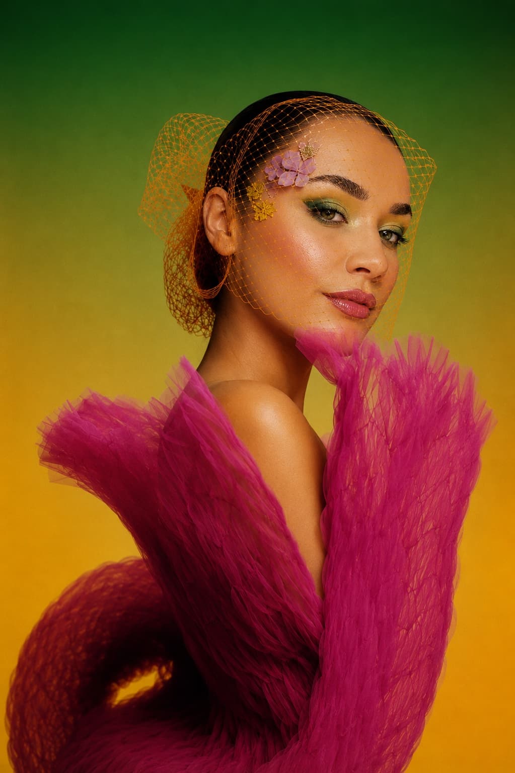 Editorial makeup by makeupbydoori — model with golden veil and floral eye art, makeup artist in Edmonton, London